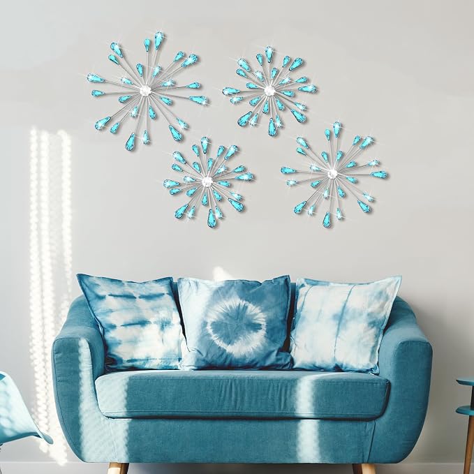 Hicarer 4 Pcs Starburst Wall Decor Bling Wall Art Crystal Teardrop 3D Hanging Rhinestone Radial Metal Artwork Modern Accent Sculptures Decorations for Living Room Home Office Bedroom(Blue)