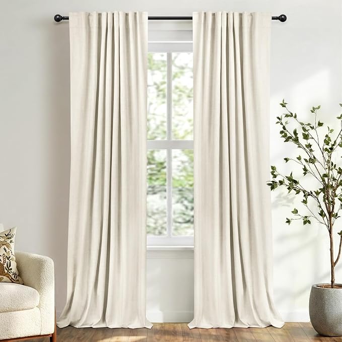 100% Blackout Shield Linen Blackout Curtains for Bedroom 90 Inches Long, Back Tab/Rod Pocket Living Room Drapes, Thermal Insulated Blackout Curtains 2 Panels Set, 50" W x 90" L, Beige White