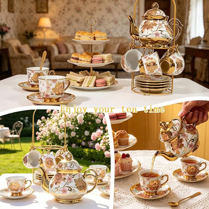 CHANJOON Gold Plated Red Rose Ceramic Tea Set, Vintage Tea Sets with Teapot, Beautiful Tea Set Coffee Serving 6 People (pink, Medium)