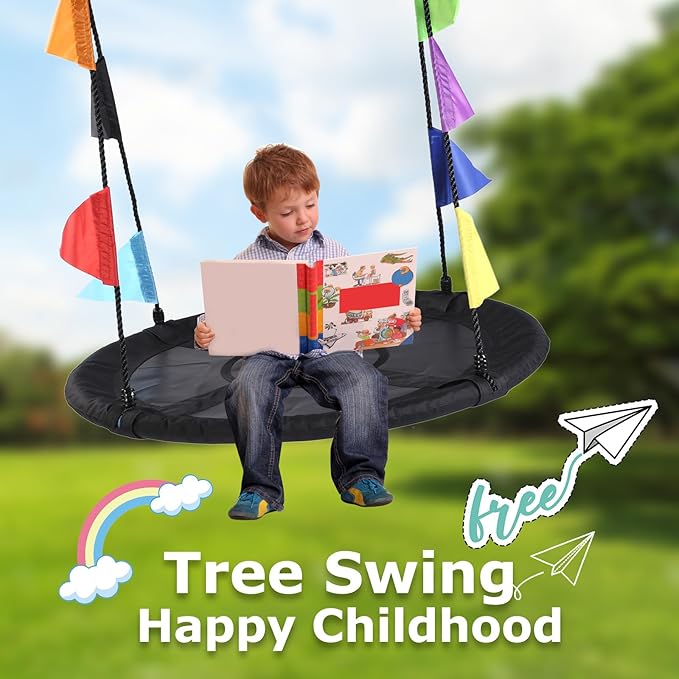 40 Inch Saucer Tree Swing for Kids, Outdoor Round Swing with Hanging Straps & Adjustable Ropes, Easy Assembly