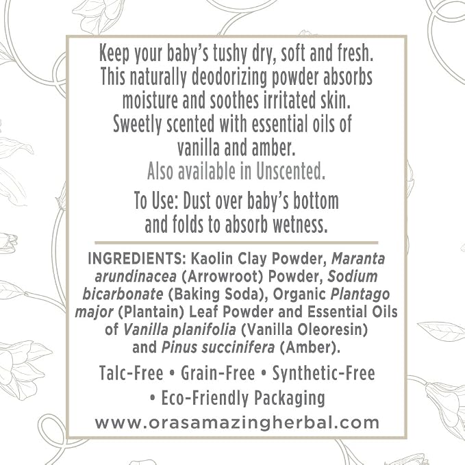 Baby Powder Talc-Free, Real Vanilla Amber Natural Scent, Cornstarch Free Arrowroot and Clay Based Powder, Synthetic Fragrance Free, Ora's Amazing Herbal, 2.5 oz