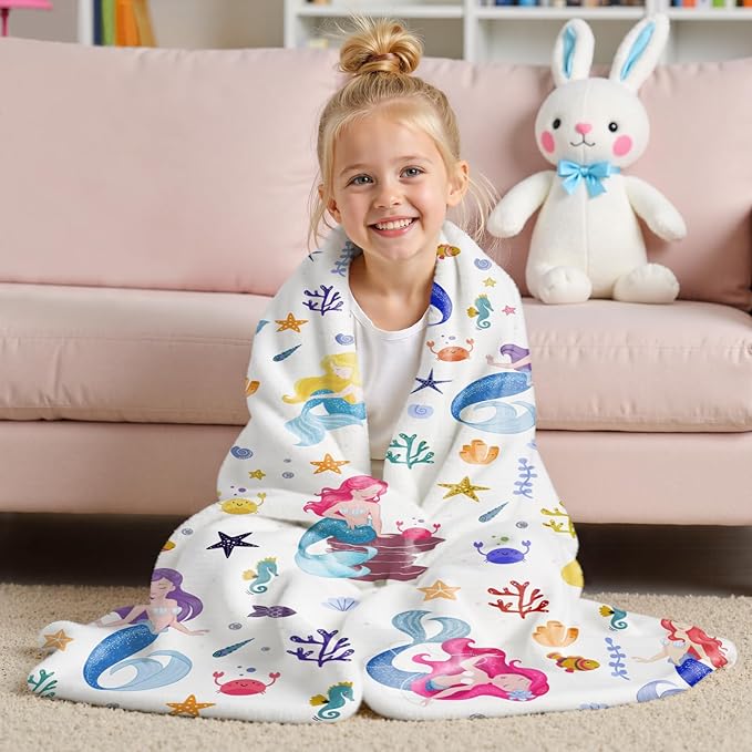 Wajade Kids Mermaid Blanket for Girls Soft Fleece Blanket for Couch Sofa Bedroom Mermaid Marine Life Throw Blanket for Kids Teens 50"x60"