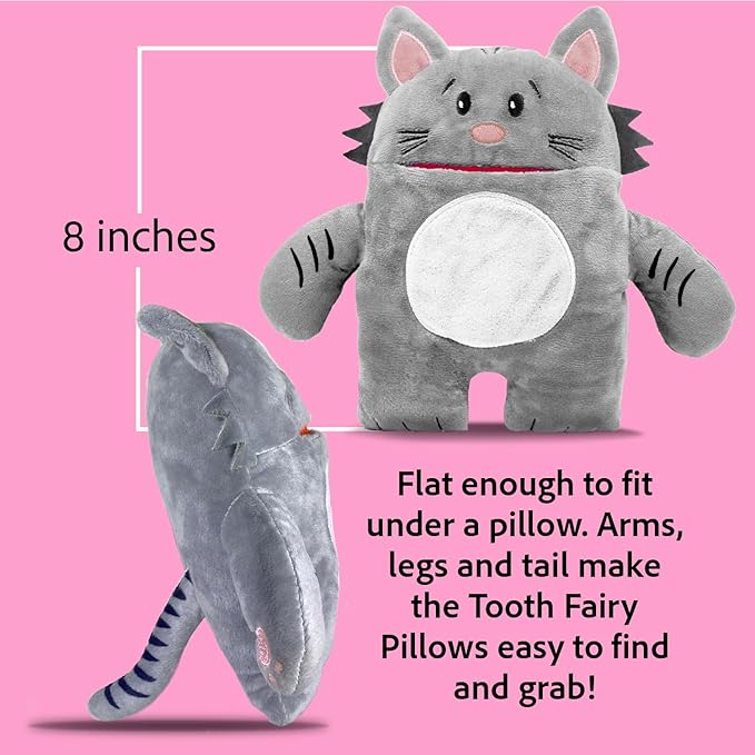 The Tooth Brigade Tooth Fairy Pillow | Stuffed Plush with Large Pocket Mouth for Lost Teeth, Treasures, Prizes - Fun and Interactive Plush, Perfect Kids, Boys, & Girls Gift (Gizmo Cat)