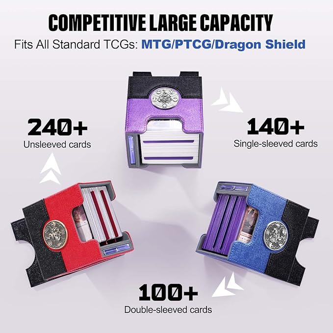 Kabinka MTG Deck Box for Commander with Metal Emblem, Card Deck Box with Dice Tray, Holds 100 Double-Sleeved Cards for TCG/PTCG, Cards Storage Case with 35PT Magnetic Card Holder (Black& Blue, Lotus)