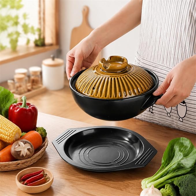 Okllen Large Korean Ceramic Bowl with Lid and Platter, 54 oz Clay Pot for Cooking, Sizzling Hot Pot for Dolsot Bibimbap, Soup, Casserole, Rice, Stew, Noodle