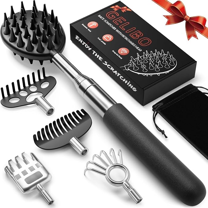 Gelibo Telescoping Large Back Scratcher with 5 Detachable Heads, Extendable Back Massager Tool, Fathers Day Gift for Him, Dad, Gifts for Men with Beautiful Box