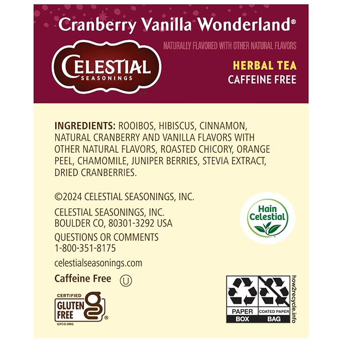 Celestial Seasonings Herbal Tea, Cranberry Vanilla Wonderland, 18 Count (Pack of 6)