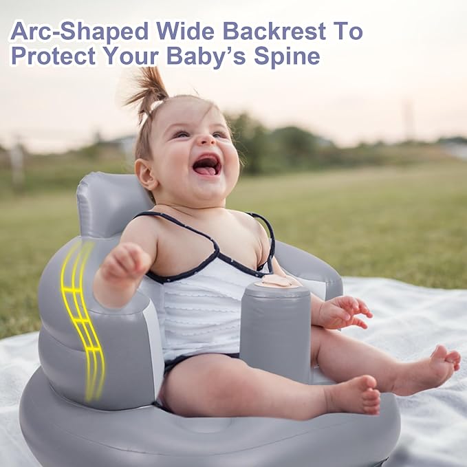 AirSwim Inflatable Baby Seat, Inflatable Baby Chair for Babies 3 Months and Up, Summer Blow Up Chair with Built in Air Pump, Infant Floor Seats for Learning to Sit, Palying, Camping, Grey