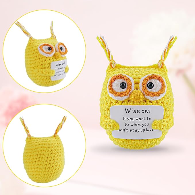 Hoedia Handmade Emotional Pickle Gift, Emotional Cucumber Crochet Doll Inspirational Gifts with Cards, Cute Knitted Funny Support Pickle Friend Birthday (Wise Owl)