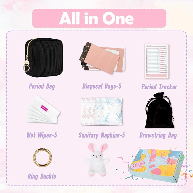 First Period kit for Girls, Corduroy Cute Sanitary Napkin Storage Bag, Menstrual Pad Bag Tampon Holder for Purse, First Period Gifts (Black)