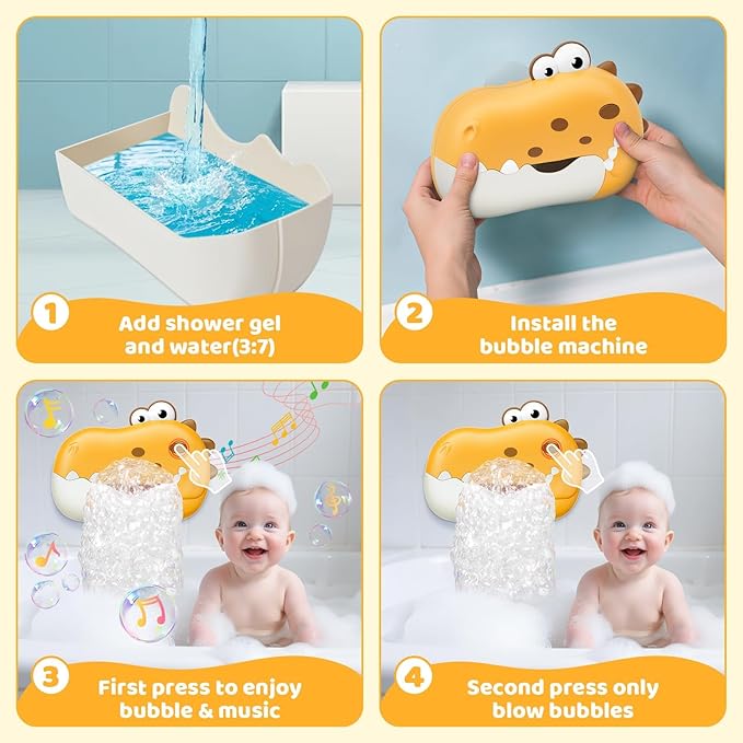 Baby Bath Toys, Rechargeable Dinosaur Bath Bubble Machine with Music, Bathtime Bathtub Toys for Toddlers Birthday Valentines Gifts, Bubble Maker Toys for Kids Ages 1-3 4-8 Baby Gifts (Yellow)