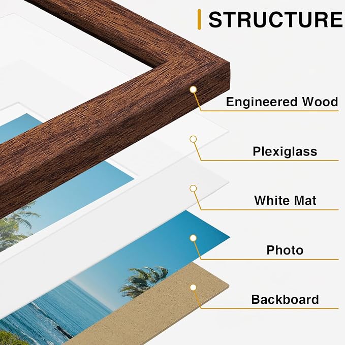 Vittanly 11x14 Picture Frames Set of 9 for Wall Mounting, Wood Grain Brown | Display Pictures 8x10 with Mat or 11x14 without Mat, Engineered Wood with Shatter Resistant Plexiglass, Gallery Photo Frames