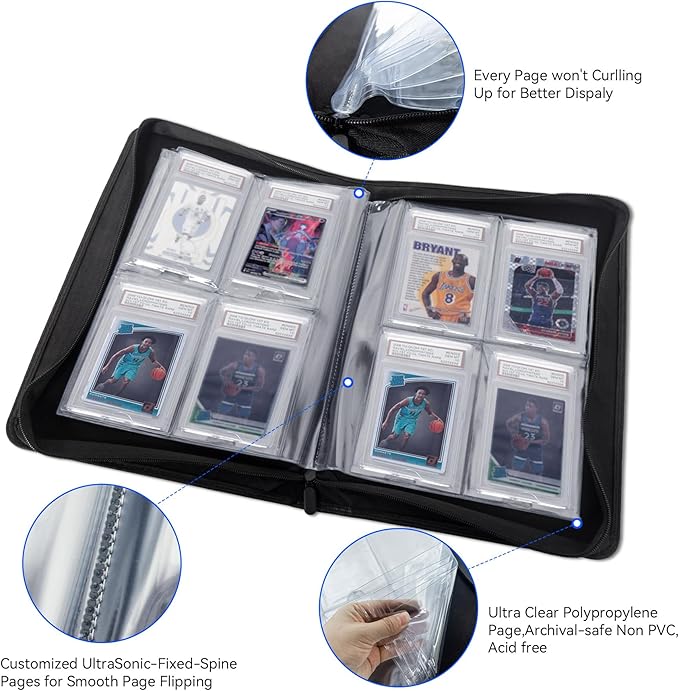 Graded Card Binder, Holds 40 PSA Slabs, 4 Pocket Slab Binder for PSA CGC CSG Slabs, Premium Ringless Zipper Card Collection Album,gray-black