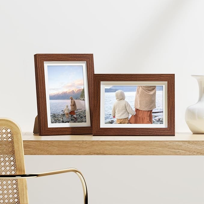 Vittanly 5x7 Picture Frames Set of 9, Wall & Tabletop, Wood Grain Brown | Display Pictures 4x6 with Mat or 5x7 without Mat, Small Photo Frames, Engineered Wood with Shatter Resistant Plexiglass