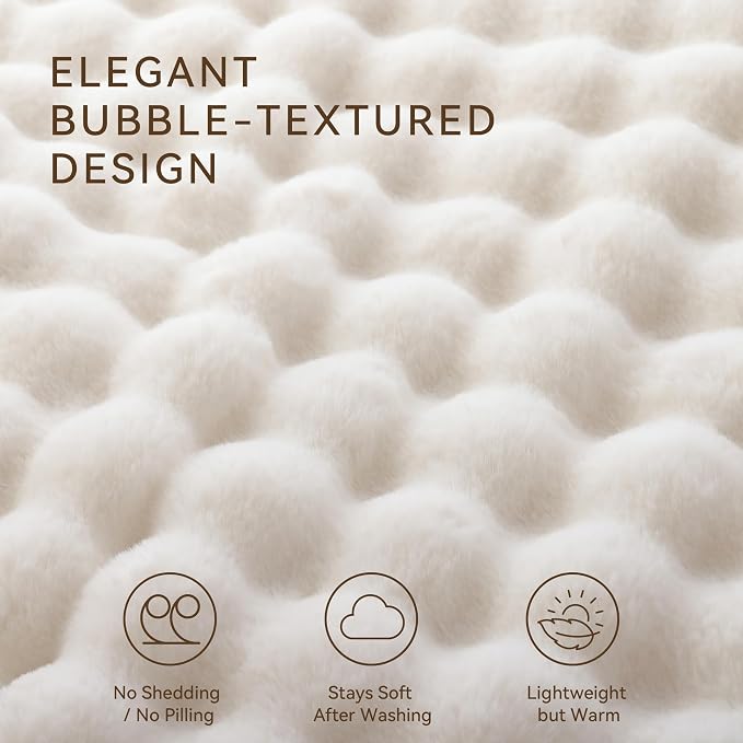 Faux Rabbit Fur Throw for Couch - Cream White Bubble Blanket 60"x80" | Fluffy Plush Fuzzy Throw for Sofa & Bed, Super Soft Cozy Comfrt Blanket, Luxury Aesthetic White Decor Gift for Women