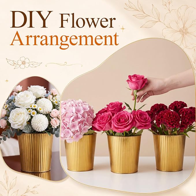 Havawish 6 Pcs Small Gold Metal Bucket Vases for Centerpieces | 5.1 Inch Ribbed Vintage Planter Plant Pots for Wedding Table Garden Birthday Party Decorations