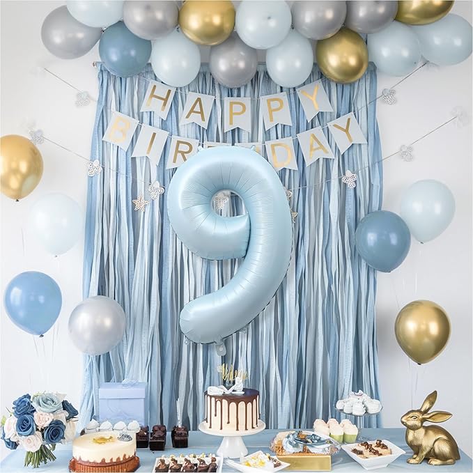 Big Number 9 Balloons, Light Sky Blue Foil 9 Balloon Numbers 40 Inch, Giant 9th Birthday Party Decor, Pastel Baby Matte Blue Mylar Helium Self Inflating Balloon for Boy Birthday Anniversary Decoration