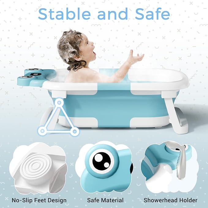 BUNWAG Baby Bathtub, Collapsible Newborn Bathtub for Infant to Toddler with Soft Cushion and Thermometer,Portable Travel Newborn Tub with No-Slip Feet, Baby Shower Gifts, 0-12 Months Baby Bath, Blue