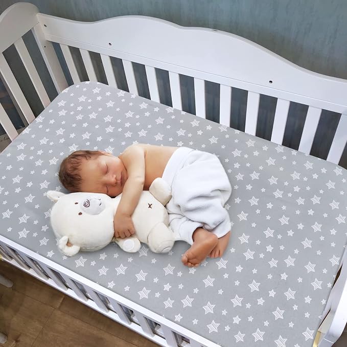 Crib Sheets for Girls 2 Pack, Fitted Crib Sheet for Standard Size Crib and Toddler Mattresses, Soft and Breathable Material, Grey & Pink