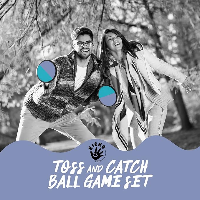 Kicko Toss and Catch Ball Game - Purple and Teal -Paddle Balls with Catcher Mitts, Hard and Soft Tennis Balls, & Travel Case - for Kids Indoor or Outdoor Team Sports, Backyard or Beach New & Improved