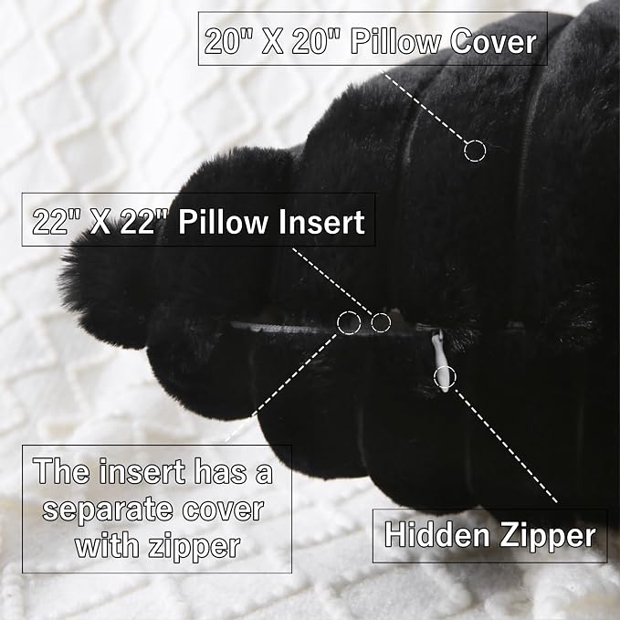 Decorative Throw Pillow with Inserts, Set of 2 Soft Faux Fur Throw Pillows, Square Boho Striped Pillow for Couch, Bed, Sofa Decor (Black, 20" x 20"(Pack of 2))
