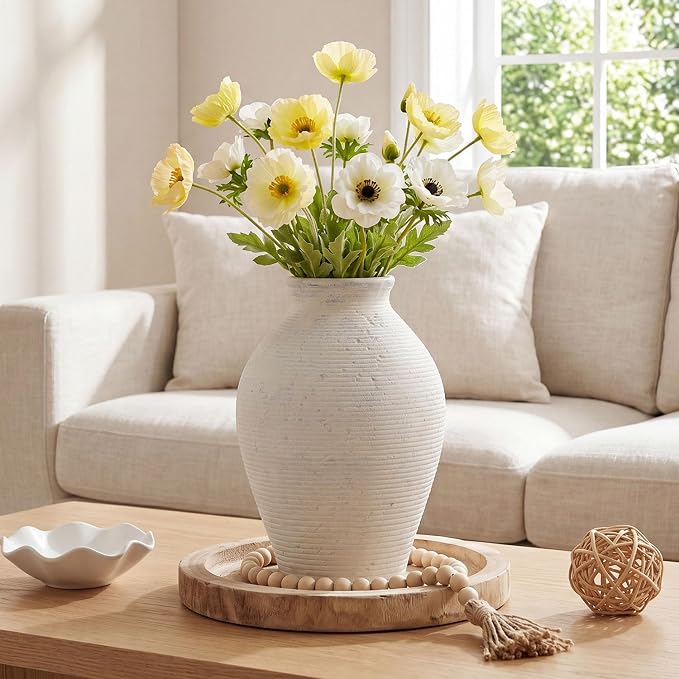 Ceramic Flower Vase Home Decor, 8.6 inch Farmhouse Rustic Vintage Table Vases, Living Room Kitchen Bedroom Decorations for House Book Shelf Office Coffee Desk Dining Fireplace