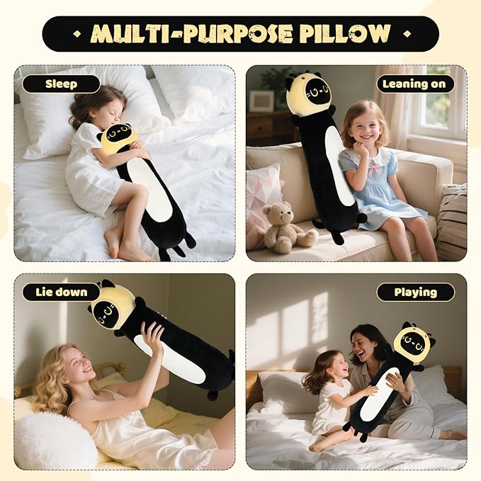 22 inch Bee Black Cat Long Plush Body Pillow Toy, Kitten Plushies with Stuffy Honeybee Oufit Big Stuffed Animals Gfit for Kids Boys Girls, Birthday