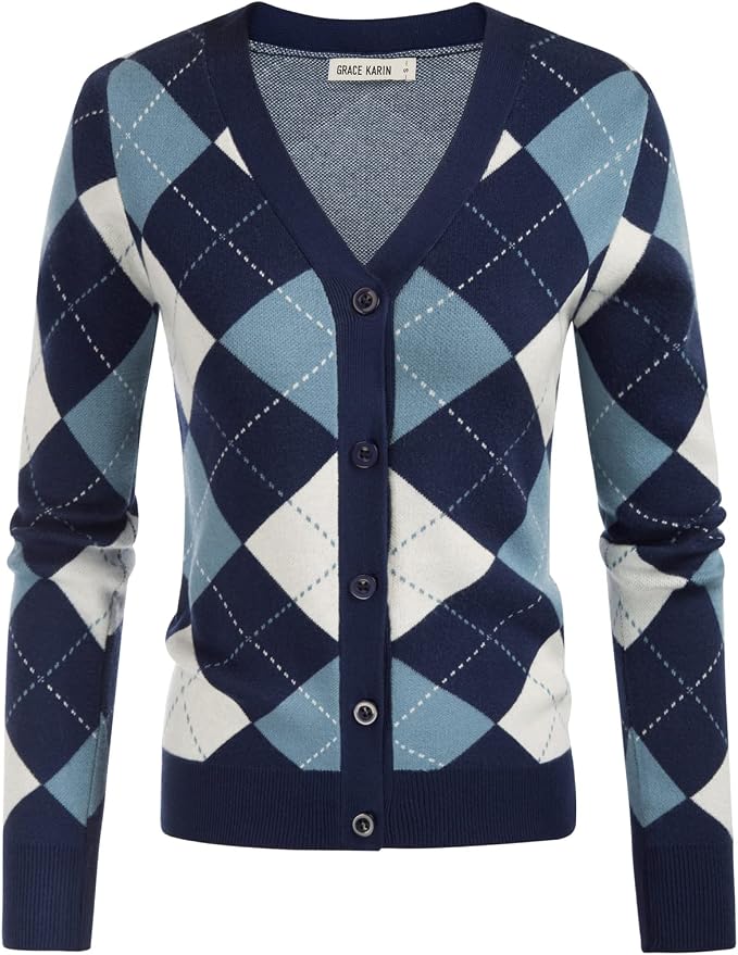 GRACE KARIN Womens Cardigan Sweater Fall Fashion Argyle Sweater Button Up Cardigan Teacher Outfits Preppy Clothes