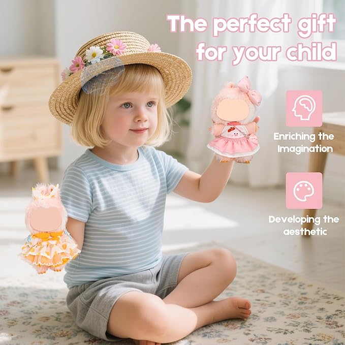 Clothes for Labubu Doll,6.7 Inch Doll Clothing Set - 4 Pieces of Handmade Clothes and Accessories for 17cm Plush Toy - Pink and White Colorblock Piglet Top + Pink Tutu Skirt + Bow Tie