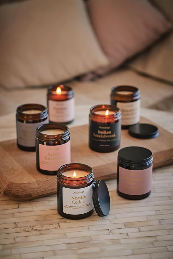 Osmology Aztec Tuberose Aromatherapy Candle – Peach, Almond Milk & Tuberose Scented Candle, Plant-Based Wax in Amber Apothecary Jar, 7 oz, 50 Hour Burn Time, Floral & Sweet Candle