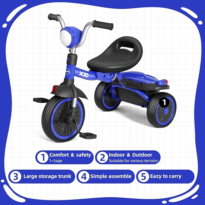 XJD Toddler Tricycle, Foldable Toddler Bike with Pedals, Tricycle for 2-5 Year Olds, Adjustable Comfortable Seat, Christmas Birthday Gifts for 1-5 Years Old Boys and Girls (Blue)