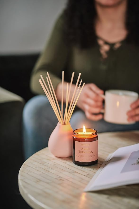 Osmology Aztec Tuberose Aromatherapy Candle – Peach, Almond Milk & Tuberose Scented Candle, Plant-Based Wax in Amber Apothecary Jar, 7 oz, 50 Hour Burn Time, Floral & Sweet Candle