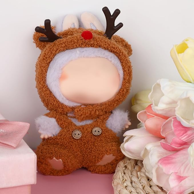 Clothes for 17cm Doll, Brown Deer Hoodie Outfit for 6.7 Inch Plush Dolls – Cute Animal-Themed Jumpsuit Costume for Dress Up Display Photography Accessories Gifts for Collectors(No Doll Included)