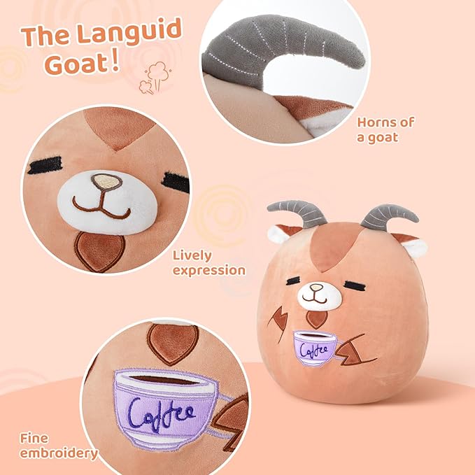 Glow Guards Original 12" Goat Plush Pillow Cute Goat Stuffed Animal with Coffee Soft Plush Toy Stuffed Animals Sheep Birthday Gift for Boys Girls Kids,Brown Barbary Sheep Holding Coffee