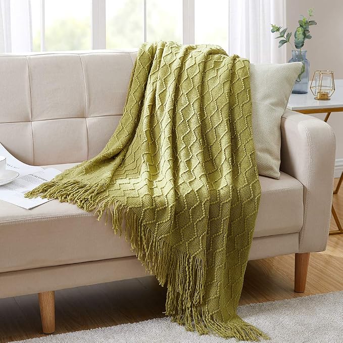 BOURINA Olive Green Throw Blanket 50x60 Inch Knit Soft Throw Sofa Blanket | Knitted Throw Blanket 50x60 Inches, Soft Lightweight Boho Weave Throw Decorative Couch Blanket for Living Room Bedroom Chair