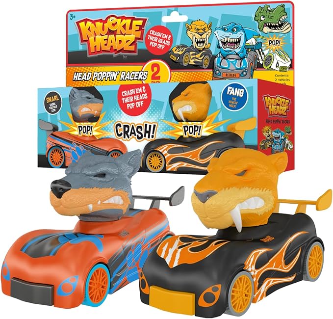 Knuckle Headz Pop-Up Racer Car Toys (2-Pack), Friction-Powered Pull Back Race Car, Head Popping Fun Gift for Kids, Boys, Girls, Ages 3+, Tiger & Wolf