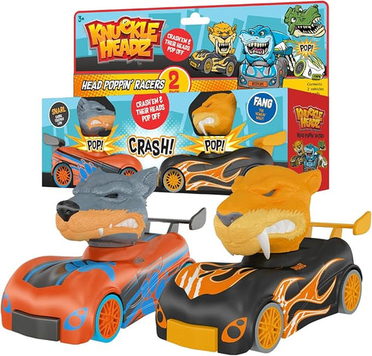 Knuckle Headz Pop-Up Racer Car Toys (2-Pack), Friction-Powered Pull Back Race Car, Head Popping Fun Gift for Kids, Boys, Girls, Ages 3+, Tiger & Wolf