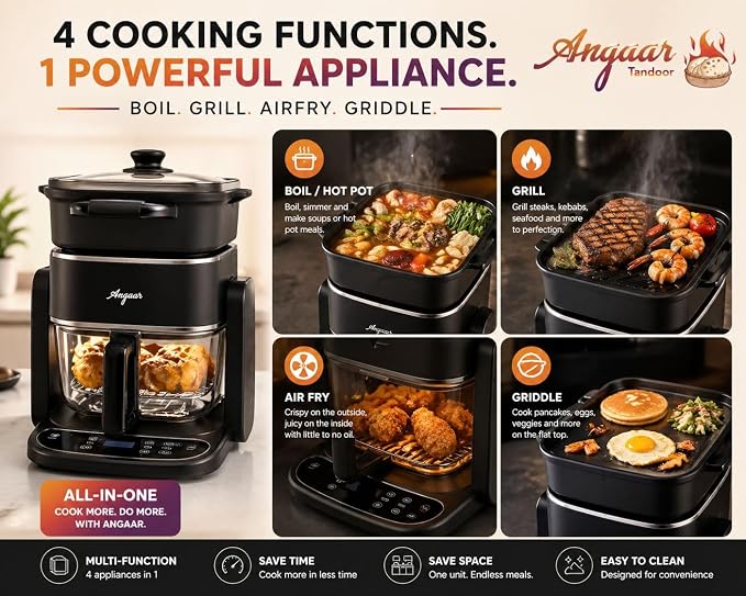 Angaar Korean BBQ Hotpot & Electric Grill, 3-in-1 Tabletop Cooker – 1400W 4.5L Glass Basket, Shabu Shabu, Air Fry & Contact Grill, Ceramic Non-Stick, 60-Min Timer