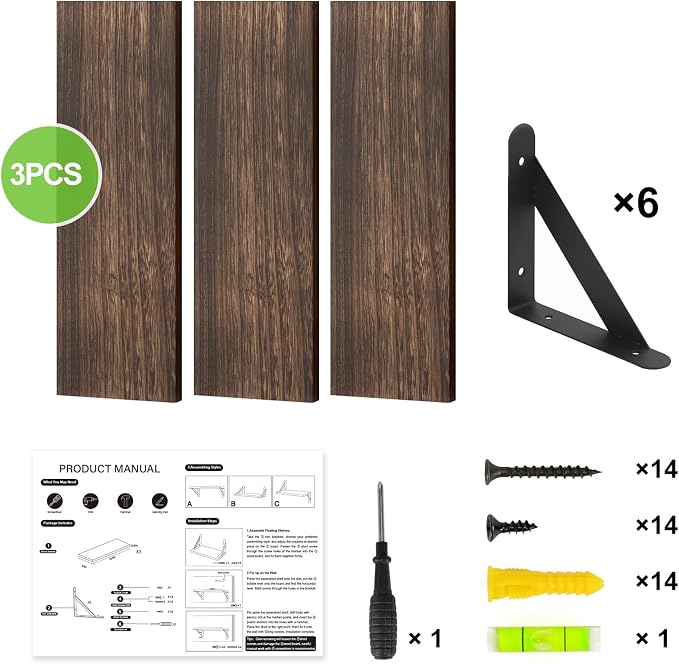 Fixwal Wall Shelves Floating Shelves for Wall Bedroom Bathroom Living Room Kitchen Storage and Decor(Brown, Set of 3, 16.5 Inch)