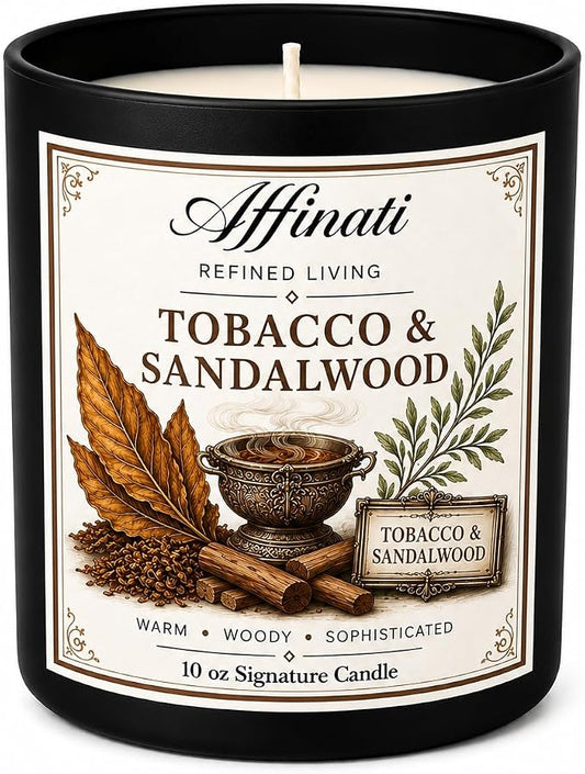Affinati Tobacco & Sandalwood 10 oz Scented Candle – Long Lasting Luxury Soy Blend Candle for Home, Strong Scent Throw Rich Earthy Wood Masculine Candle, Premium Room Odor Eliminator Gift