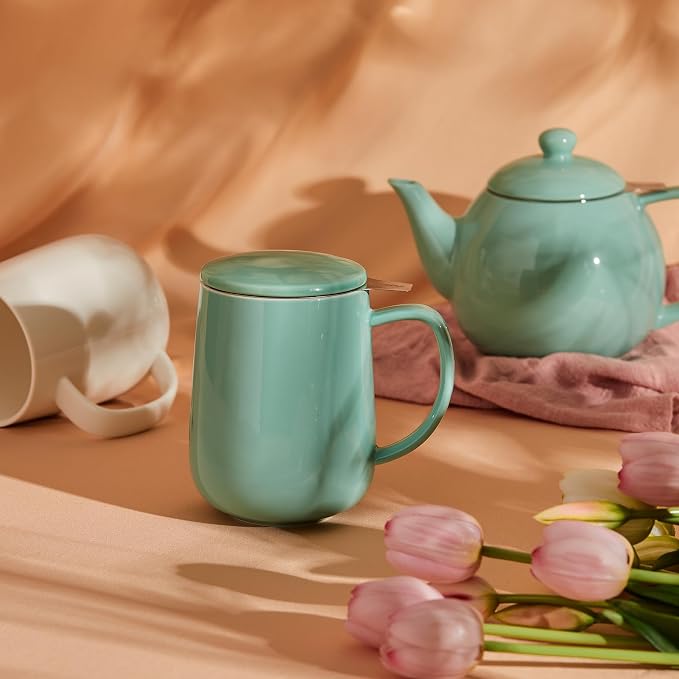 Sweese 20 OZ Porcelain Tea Mug with Infuser and Lid, Loose Leaf Tea Cup, Gifts for Tea Lover - Mint Green
