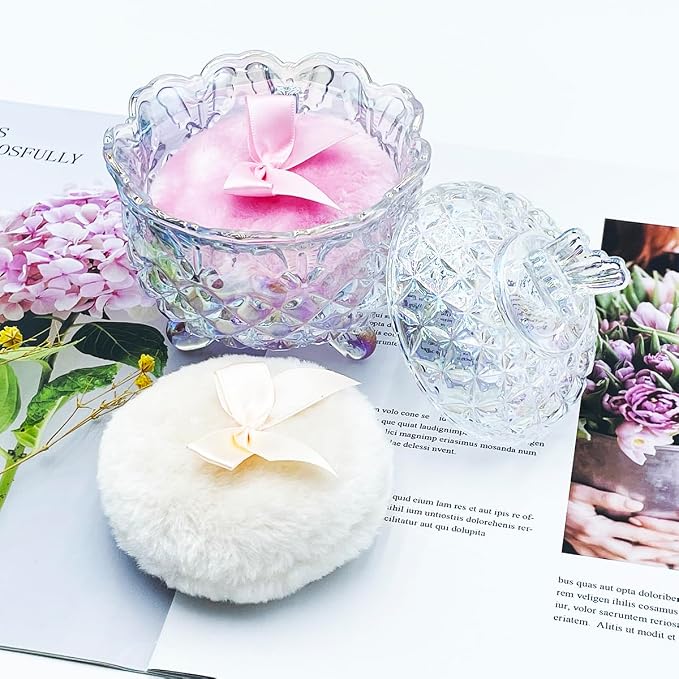 4" Glass Dusting Powder Container with 2 Fluffy Puffs,Cute 3.5" Soft Body Powder Puff and Jar Set(Butterfly-dazzling color)
