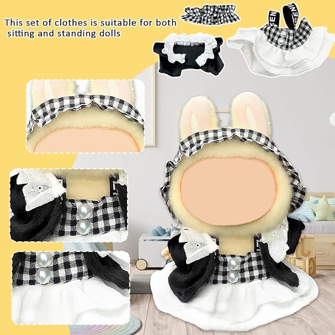 Doll Clothes for Labubu,Cute Outfit for 17cm Doll Clothe 2/3PCS Clothes and Hats Stylish Dolls Clothe for 17 cm Labubu,Casual Style Costumes for Labubu Dolls (Black White Skirt Set)