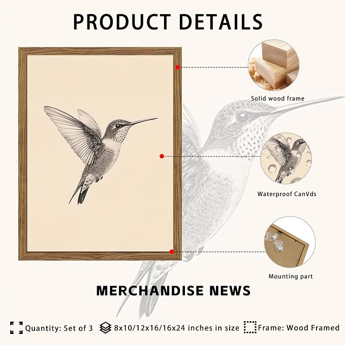 Vintage Framed Wall Art, Birds Canvas Prints, Hummingbird Sketch Painting Picture, Neutral Farmhouse Artwork Wall Decor for Living Room Bedroom – Dark Wooden Frame 8x10in