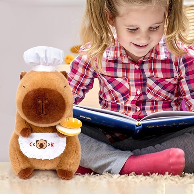 13" Capybara Stuffed Animal Wear Chef Hat Holding a Bread Cute Stuffed Capybara Plush Toy Gifts for Kids Boys Girls