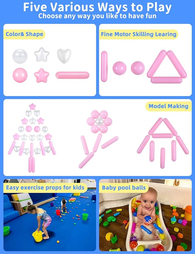 STARBOLO Ball Pit Balls for Toddlers - Macaron 200 Ball Pit Balls Crush Proof Plastic Toy Balls for Toddlers Ball Pits, Ball Pit Play Tent, Baby Pool Water Toys(Pink, Pearl White)