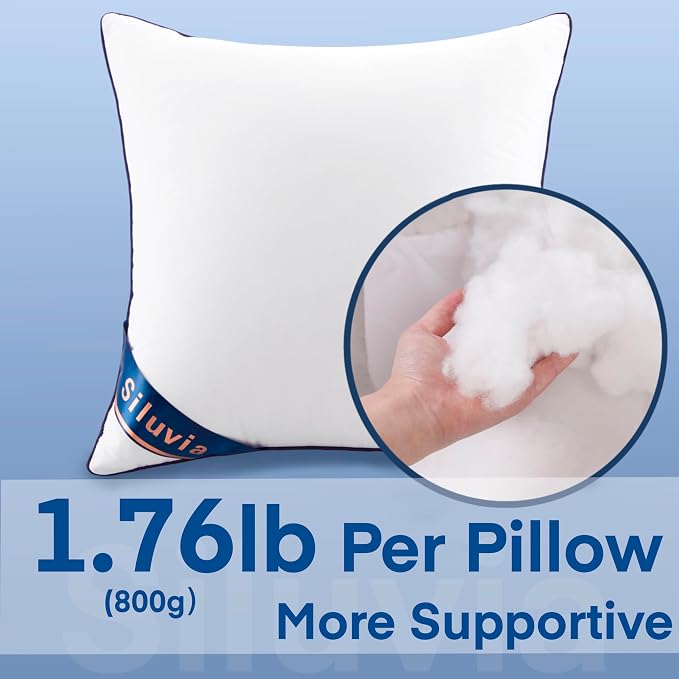 Siluvia 20x20 Down Alternative Pillow Insert 2 Pack, 100% Cotton Cover | 100% Premium Polyester Fill, Fluffy & Soft with Comfy Support - White Decorative Cushion Inserts for Couch, Sofa & Bed