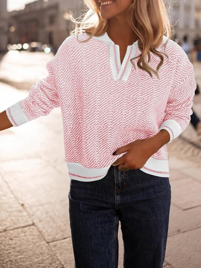 Saodimallsu Womens Fall Sweaters Tops Lapel V Neck Knit Color Block Shirt | Winter,Long Sleeve,Casual,Soft,Pullover,Cozy,Ribbed,Ladies,Chunky,Warm Sweaters,Checkered,Tunic,Work