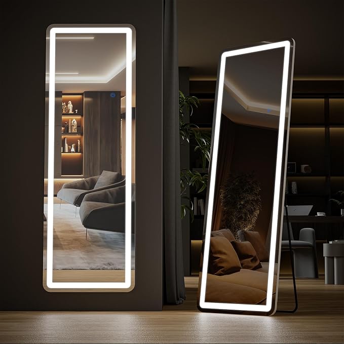 OLIXIS LED Full Length Mirror with Lights, Full Body 21"x64" | Standing Lighted Floor, 3 Color Lighting, Wall Mounted Bedroom Bathroom Entryway, Tempered Glass