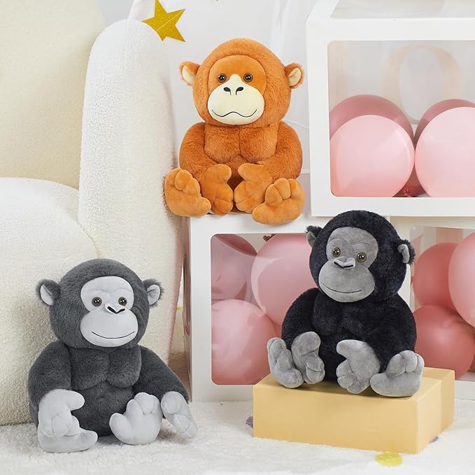 3Pcs Bulk Gorilla Plush, Cute Soft Gorilla Stuffed Animal Set for Kids,11.4" Mini Stuffed Zoo Animal Toy for Birthday, JungleTheme Party Baby Shower Decor(Black,Rufous,Gray)